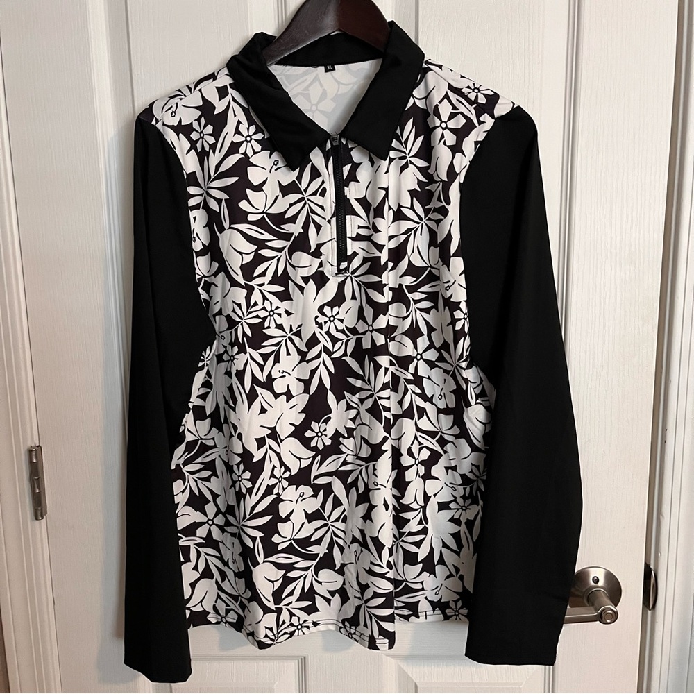 Soneven Black and White Floral 1/4 Zip Golf Polo Wicking Top Size XL - Picture 2 of 11